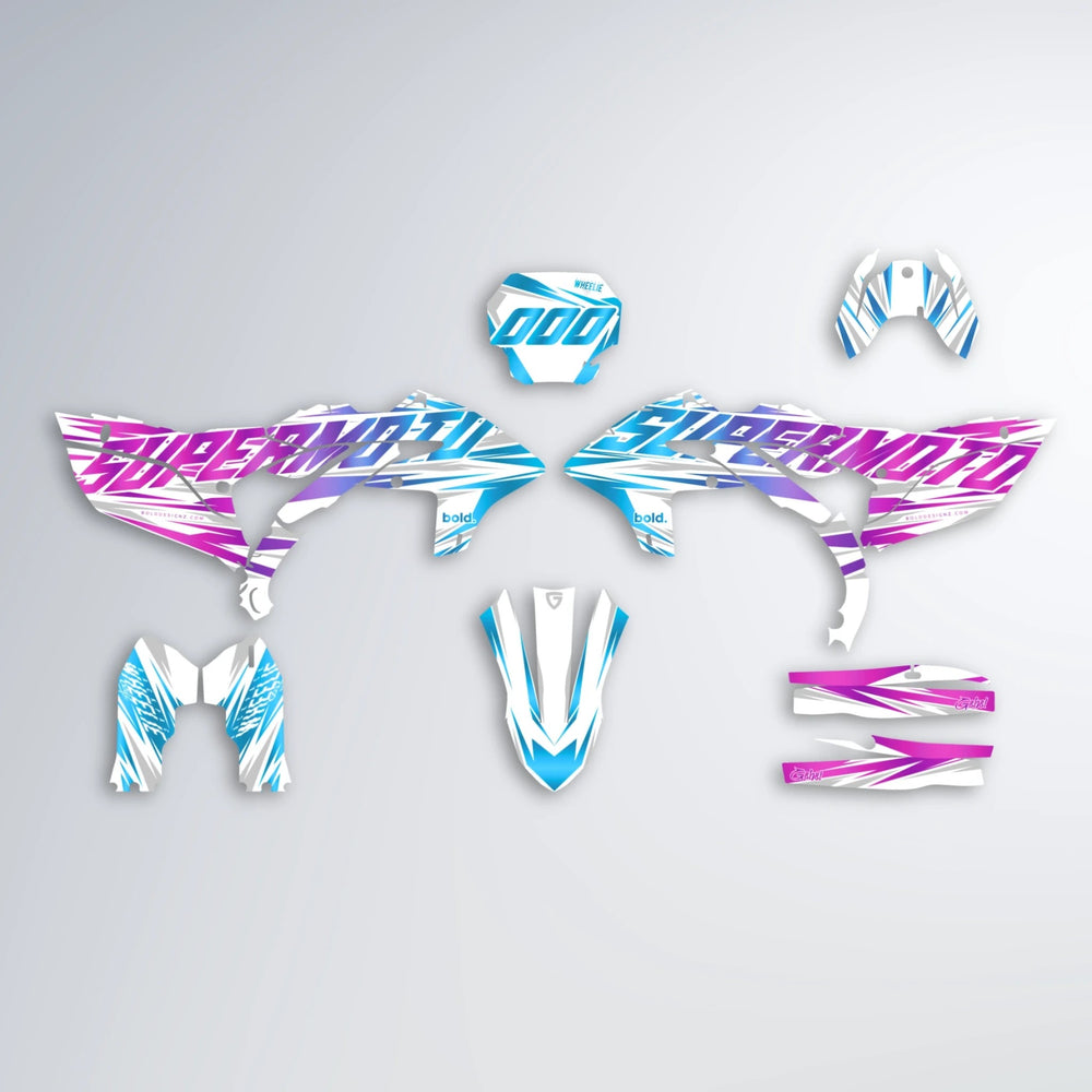 GEBEL V4 Yamaha YZF MX graphics kit parts layout in Pink & Light Blue