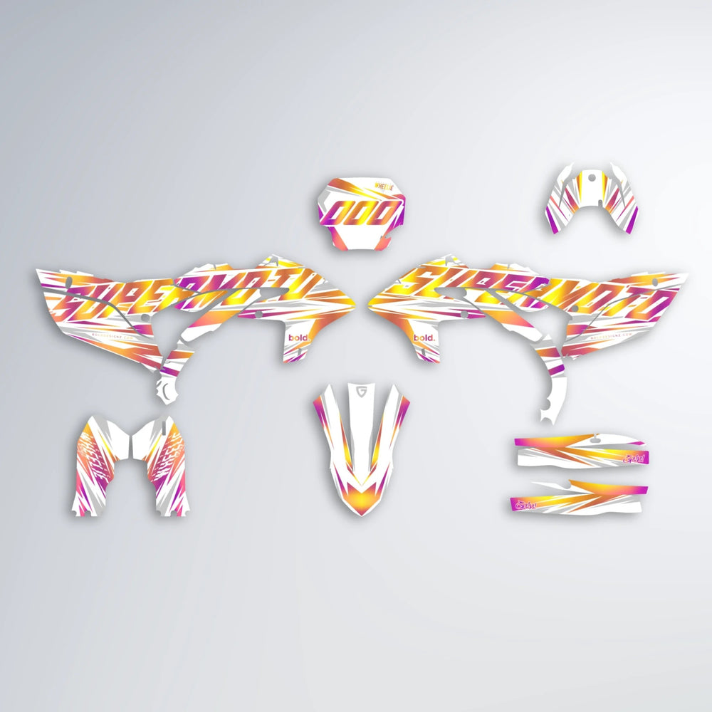 GEBEL V4 Yamaha YZF MX graphics kit parts layout in Pink & Yellow