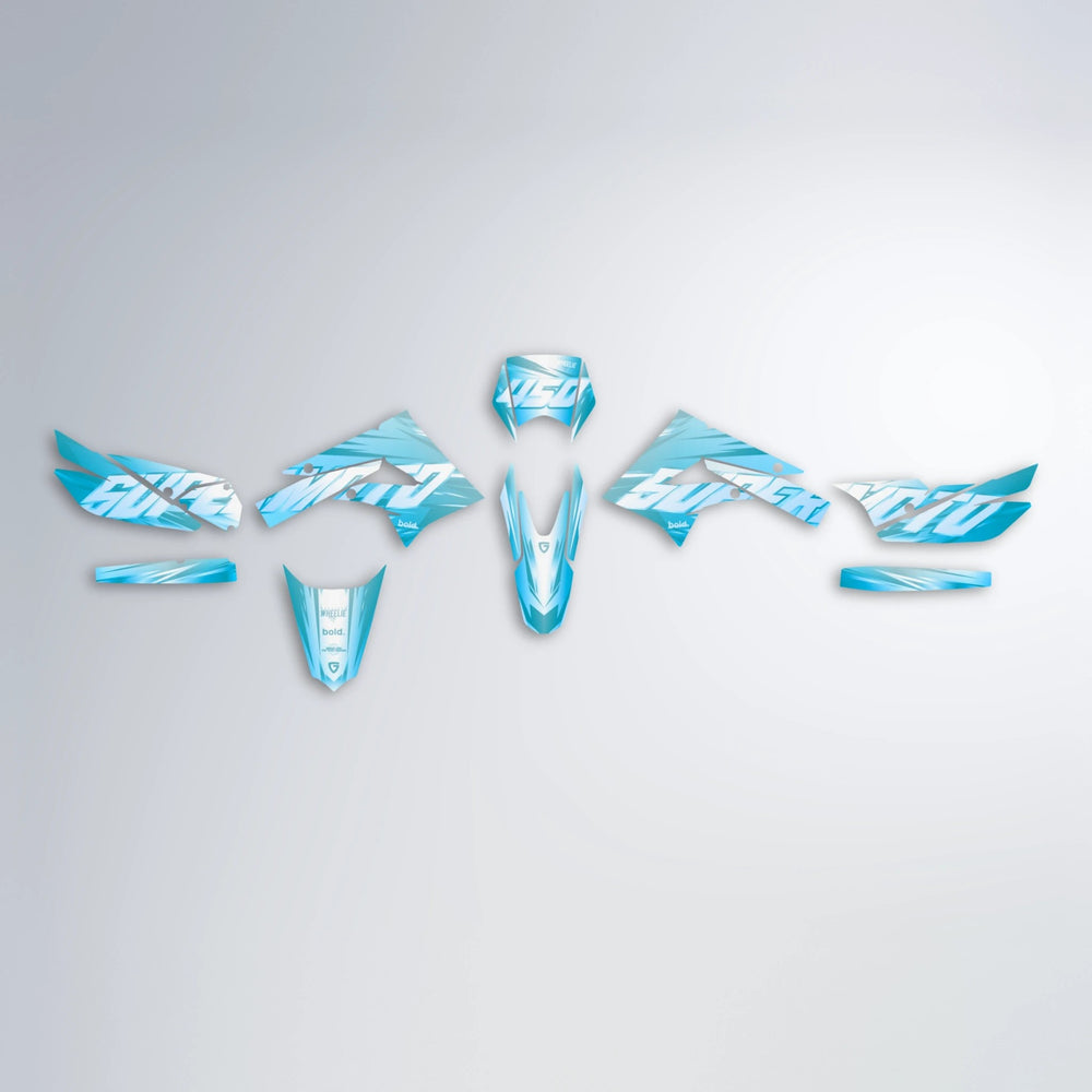 GEBEL V5 Derbi Senda graphics kit parts layout in Light Blue & White