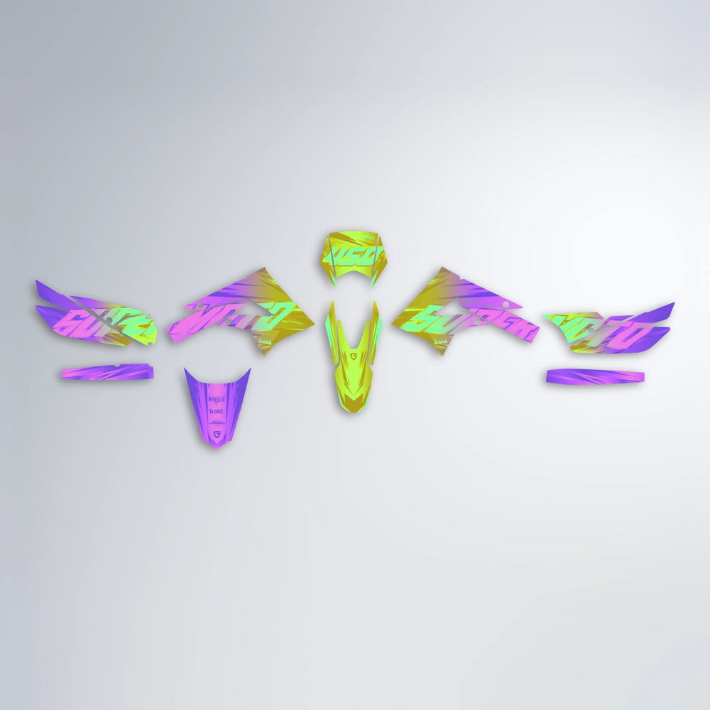 GEBEL V5 Derbi Senda graphics kit parts layout in Purple & Yellow