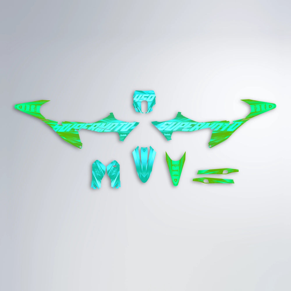 GEBEL V5 Stark Varg SM graphics kit parts layout in Cyan & Green