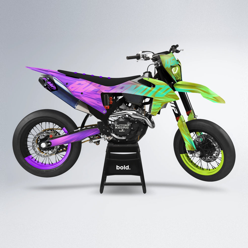 GEBEL V5 supermoto graphics kit in Purple & Fluo Yellow