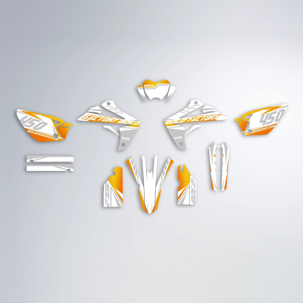 GLOBBY Rieju MRT graphics kit parts layout in Orange & Yellow