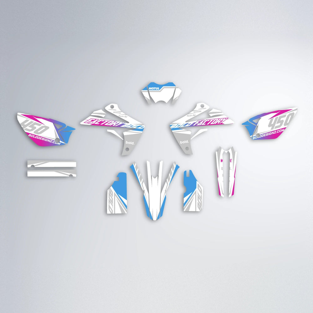 GLOBBY Rieju MRT graphics kit parts layout in Pink & Light Blue