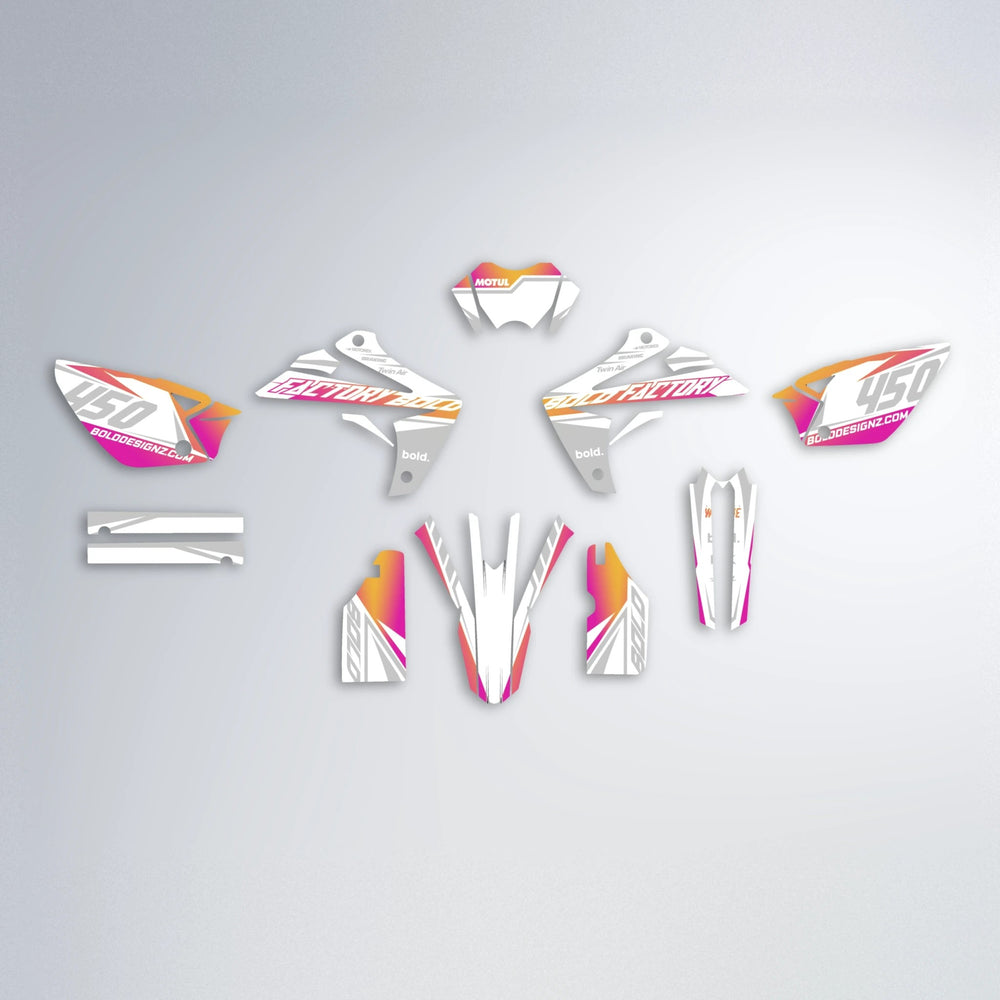 GLOBBY Rieju MRT graphics kit parts layout in Pink & Yellow
