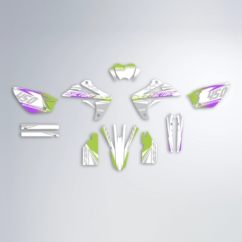 GLOBBY Rieju MRT graphics kit parts layout in Purple & Yellow