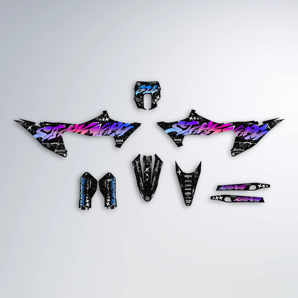 GRAFFITI Stark Varg MX graphics kit parts layout in Blue Purple Fade