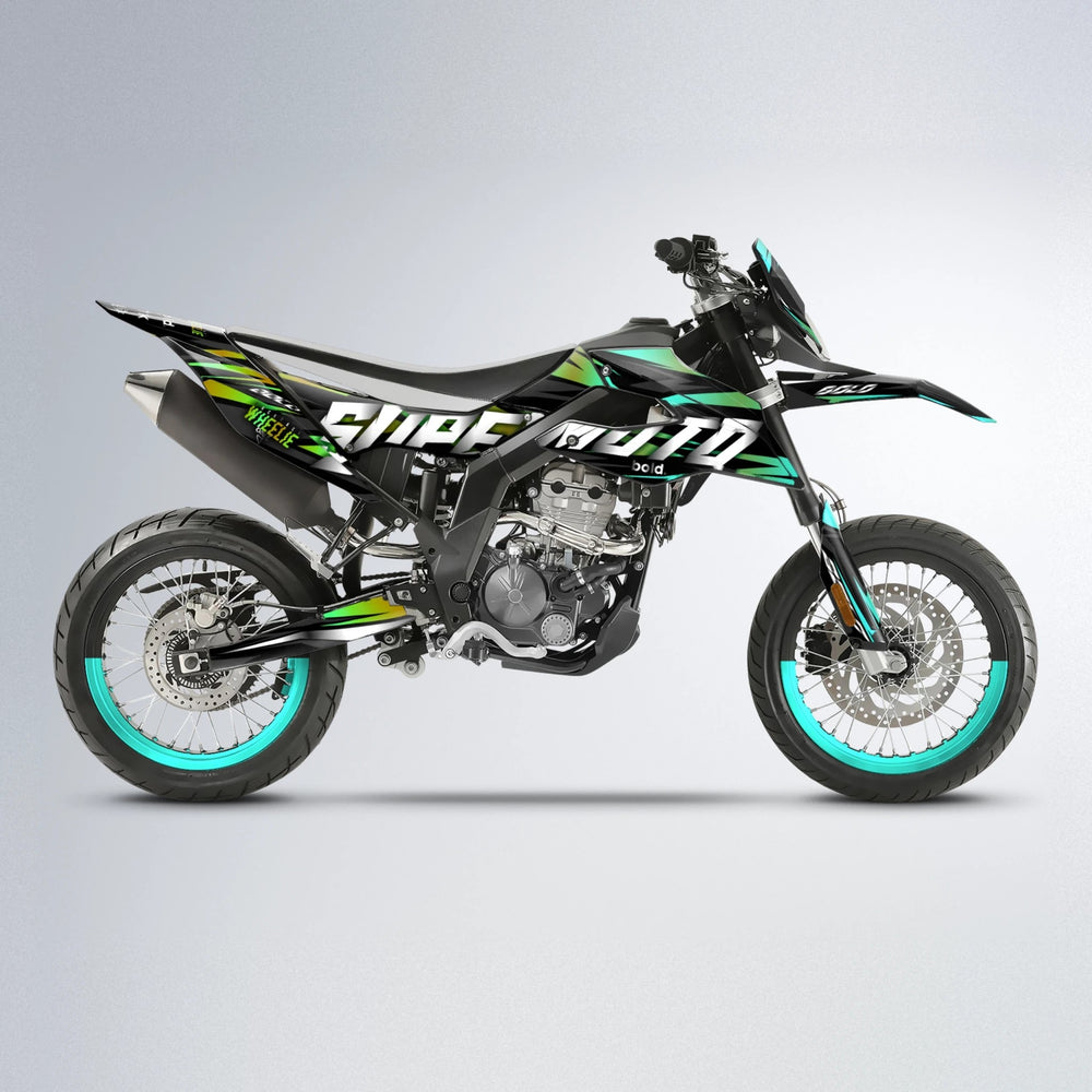 HOLYHANSI Aprilia SX 125 supermoto graphics kit in Cyan & Green