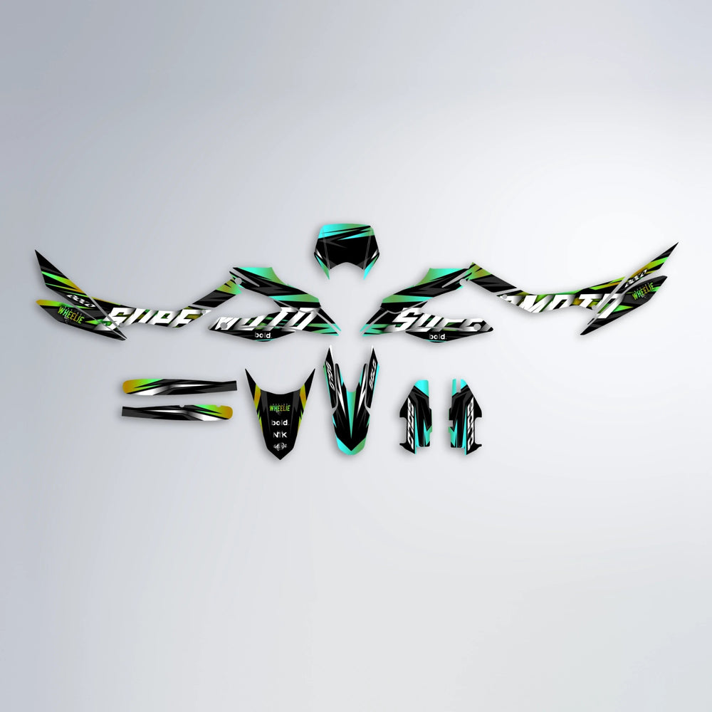 HOLYHANSI Aprilia SX 125 graphics kit parts layout in Cyan & Green
