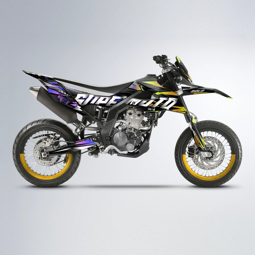 HOLYHANSI Aprilia SX 125 supermoto graphics kit in Purple & Yellow