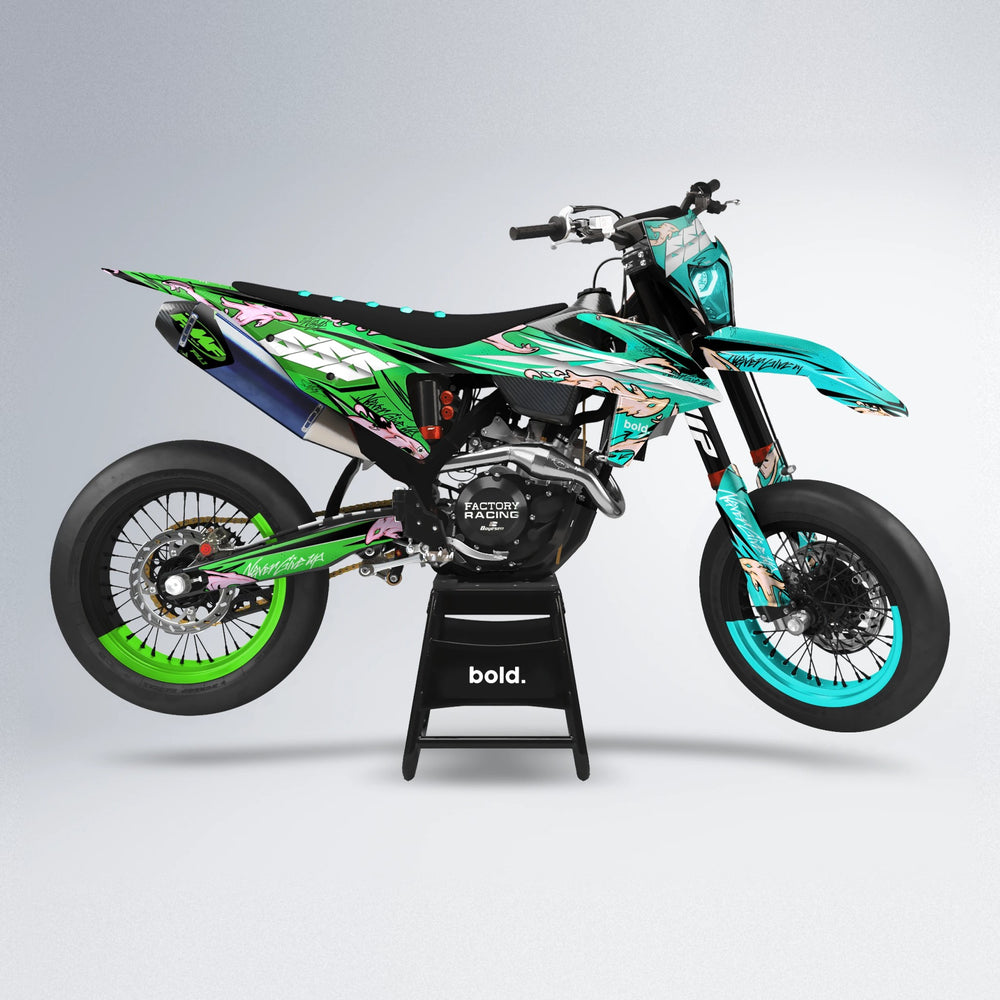 HYDRA supermoto graphics kit in Cyan & Green