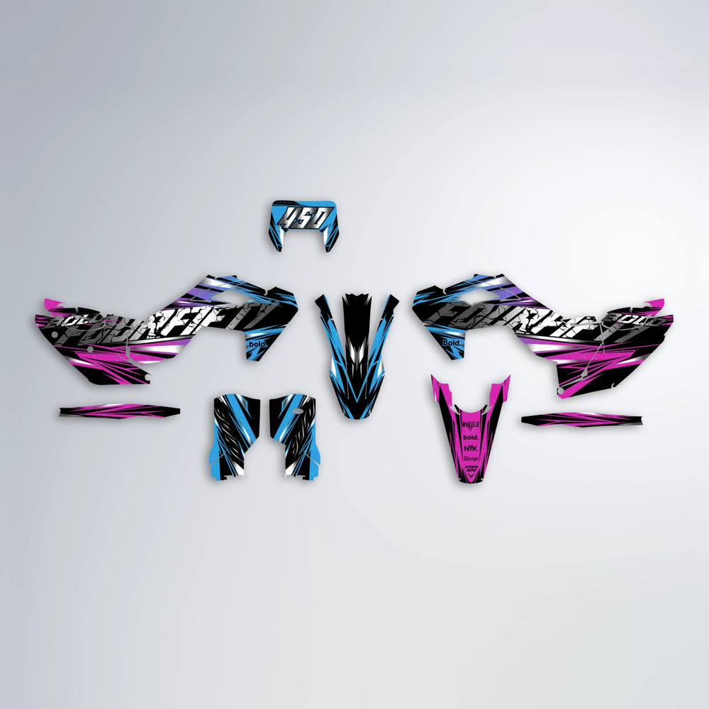 HYPER Husqvarna FE/TE graphics kit parts layout in Pink & Light Blue