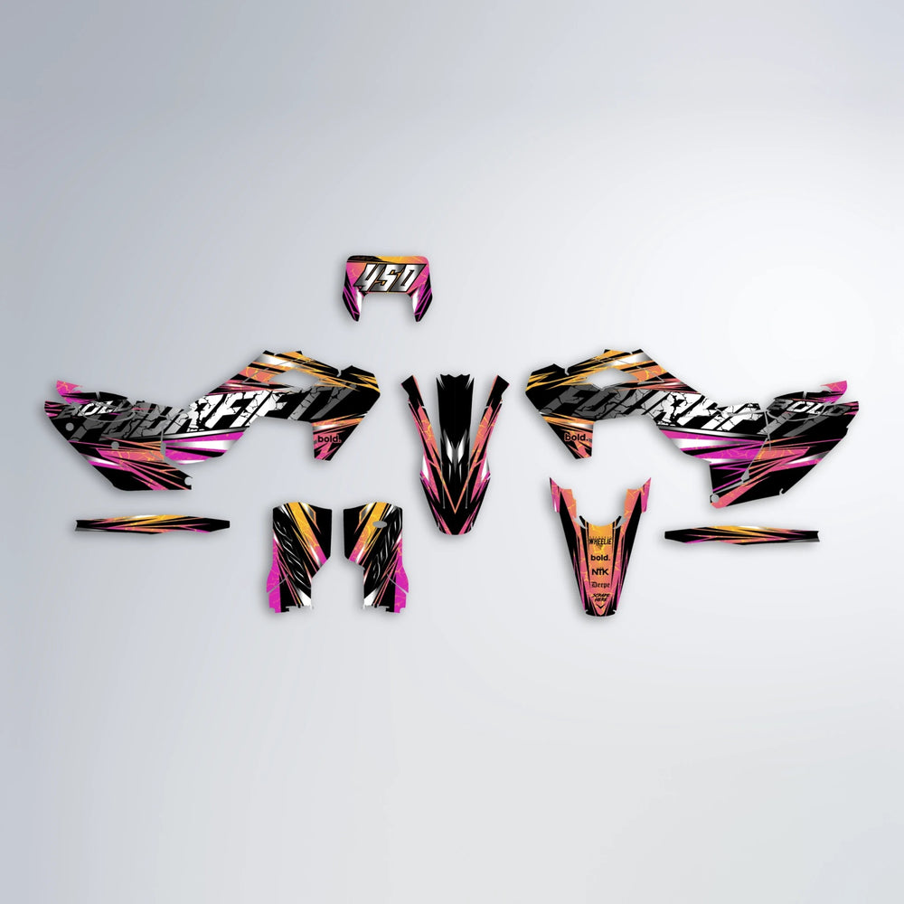 HYPER Husqvarna FE/TE graphics kit parts layout in Pink & Yellow
