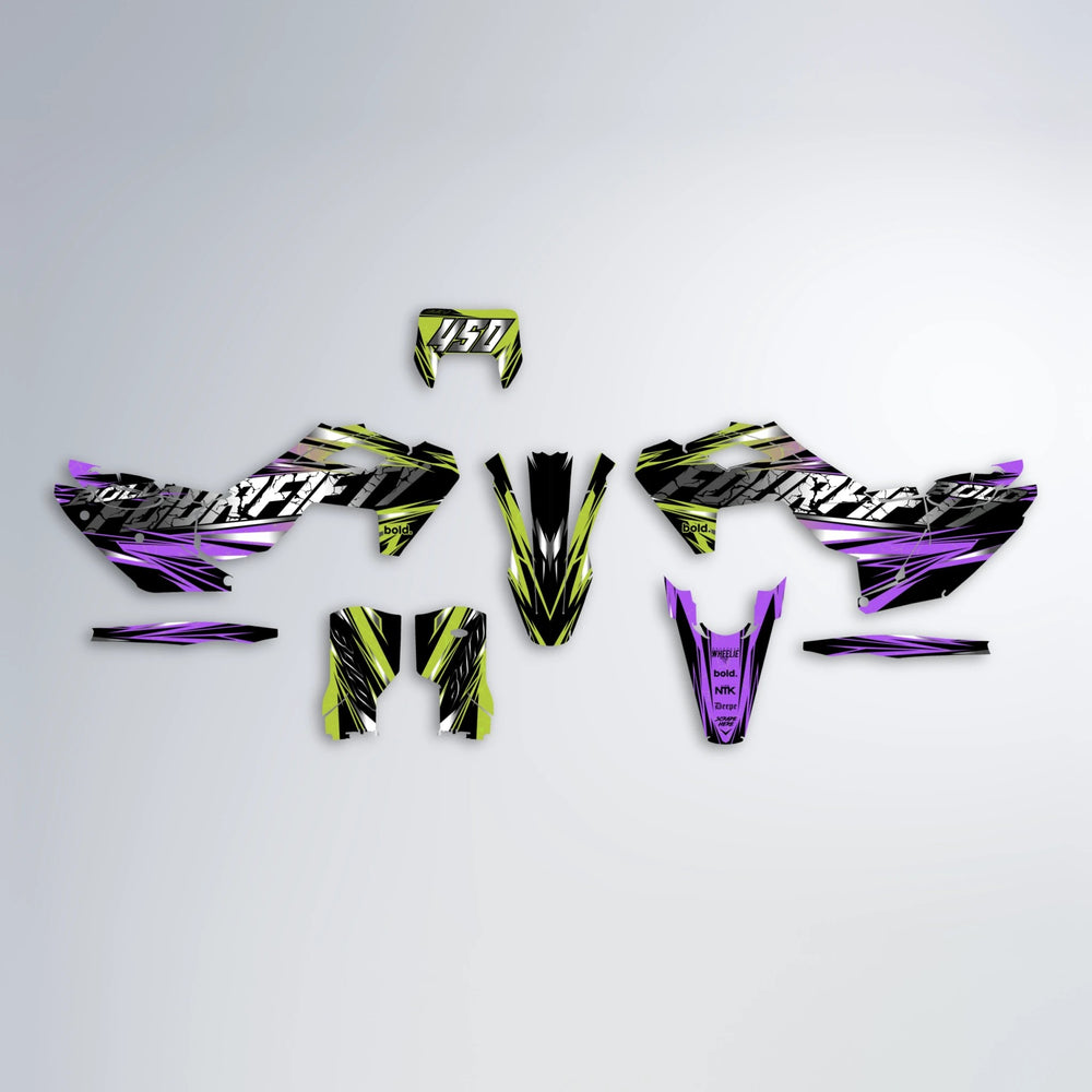 HYPER Husqvarna FE/TE graphics kit parts layout in Purple & Yellow