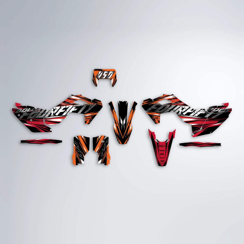 HYPER Husqvarna FE/TE graphics kit parts layout in Red & Orange