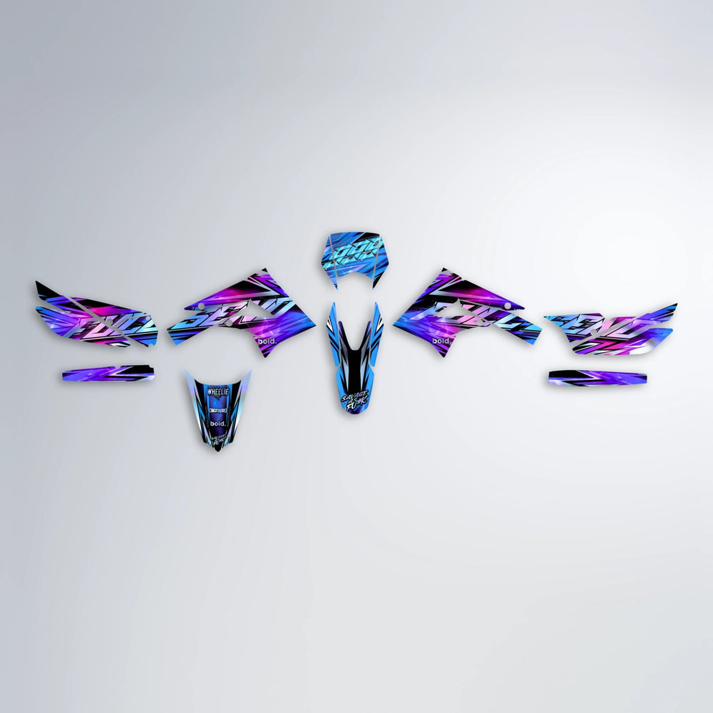 INFERNO Derbi Senda graphics kit parts layout in Blue Purple Fade