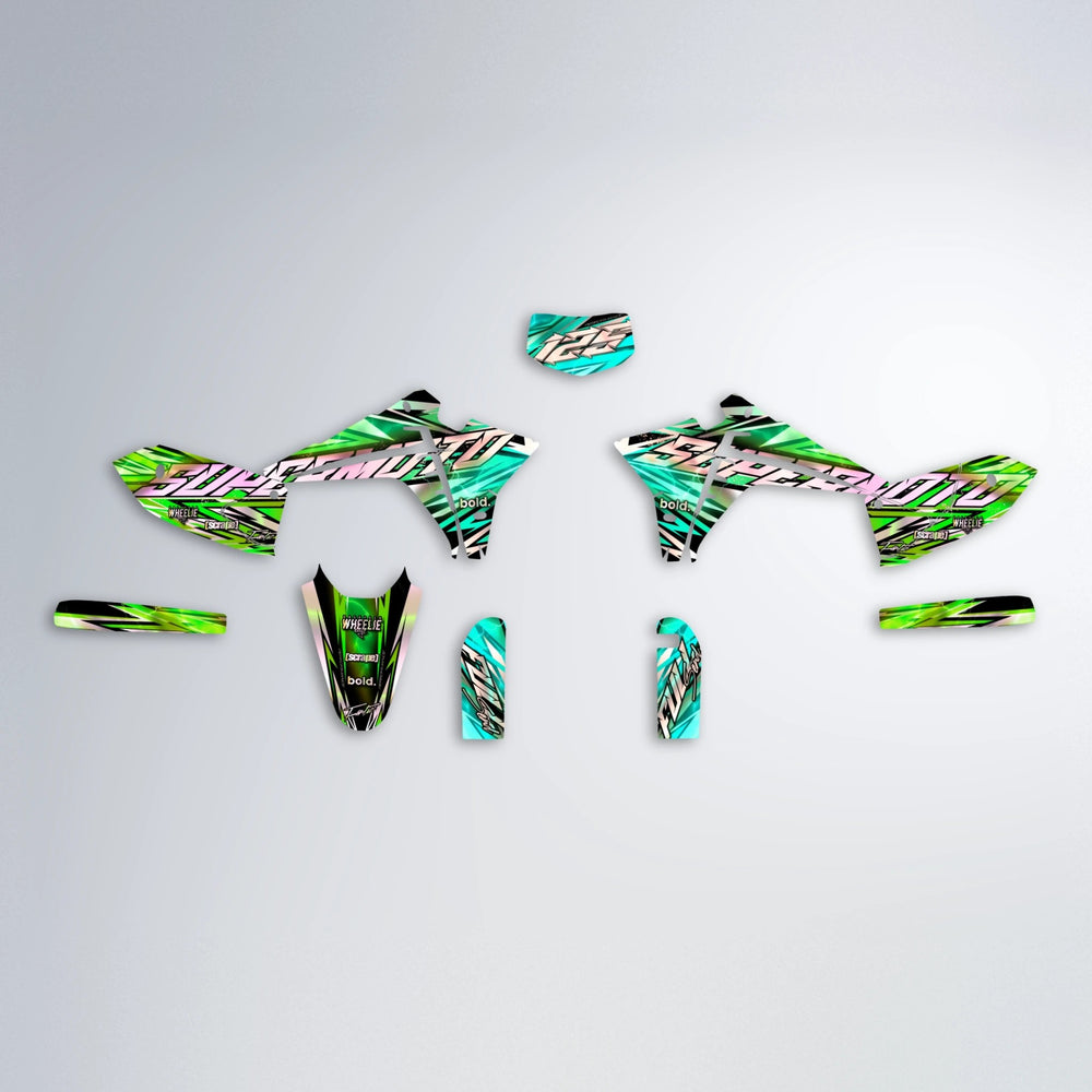 INFERNO Fantic graphics kit parts layout in Cyan & Green
