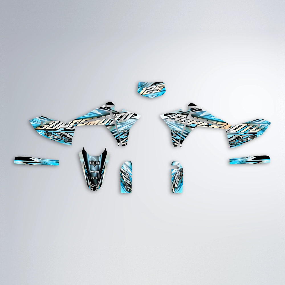 INFERNO Fantic graphics kit parts layout in Light Blue & White