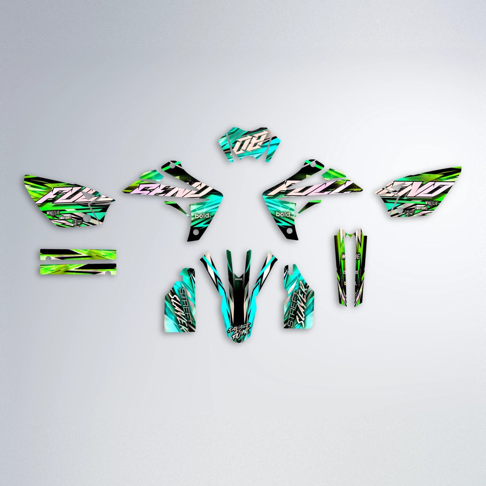 INFERNO Rieju MRT graphics kit parts layout in Cyan & Green