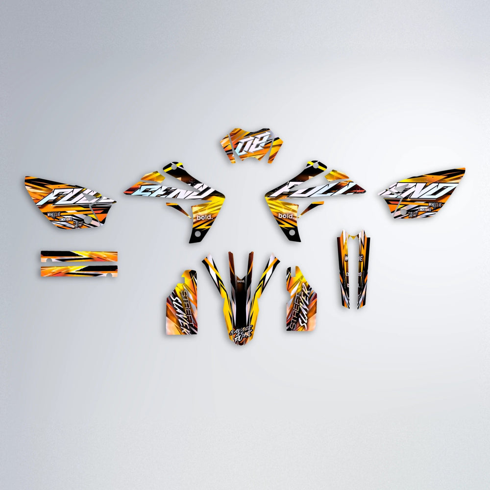 INFERNO Rieju MRT graphics kit parts layout in Orange & Yellow
