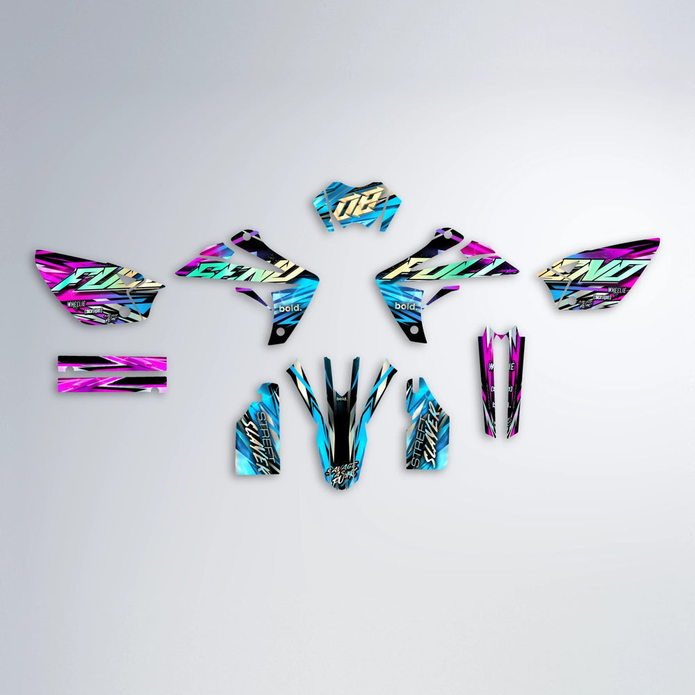 INFERNO Rieju MRT graphics kit parts layout in Pink & Light Blue