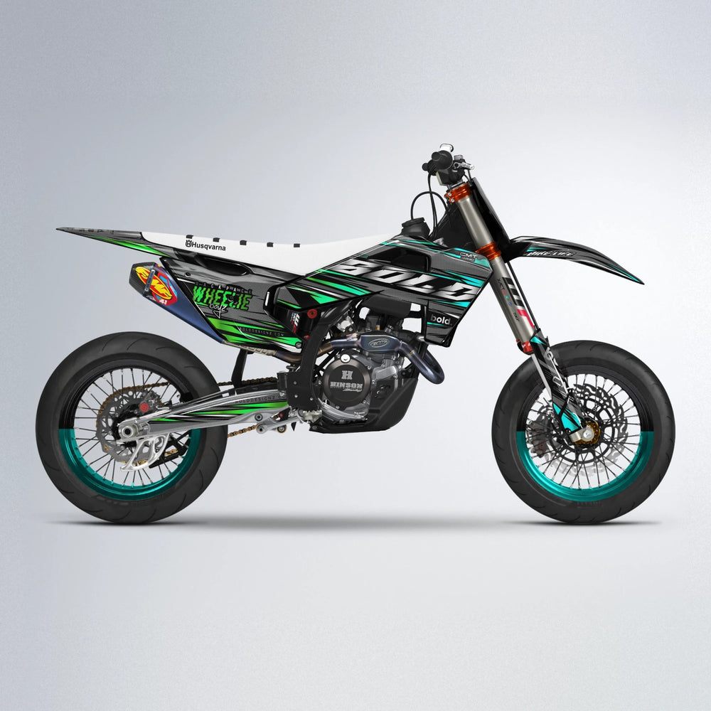 KLING Husqvarna FE/TE supermoto graphics kit in Cyan & Green