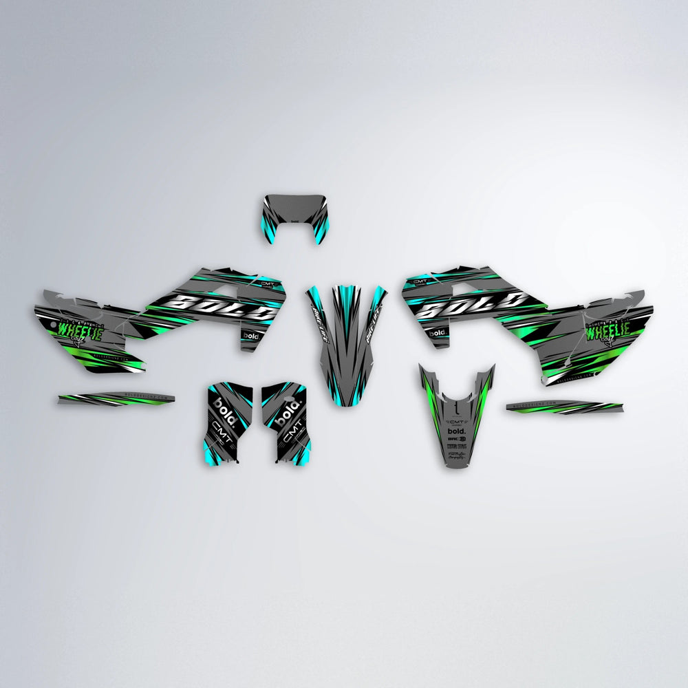 KLING Husqvarna FE/TE graphics kit parts layout in Cyan & Green