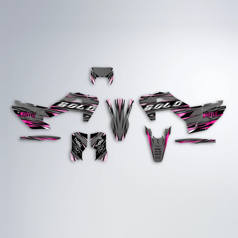 KLING Husqvarna FE/TE graphics kit parts layout in Flamingo
