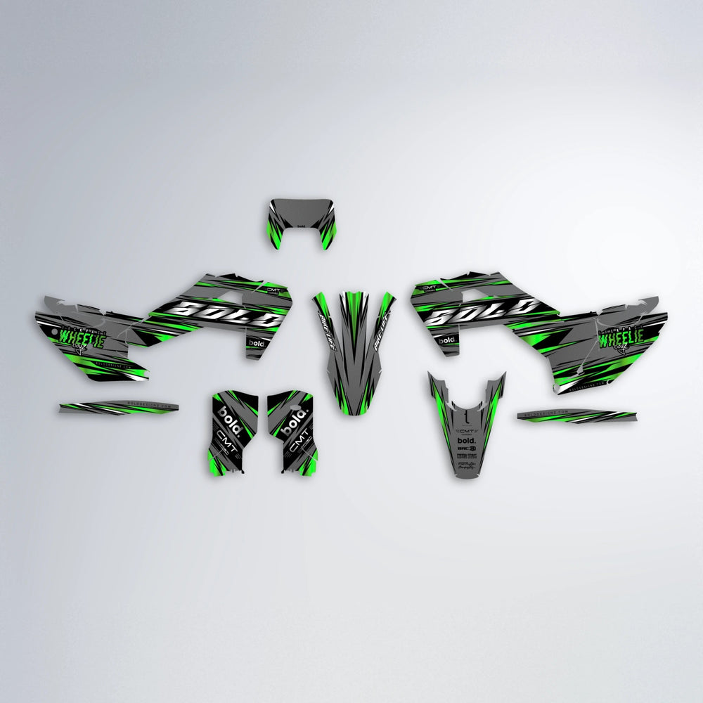 KLING Husqvarna FE/TE graphics kit parts layout in Green