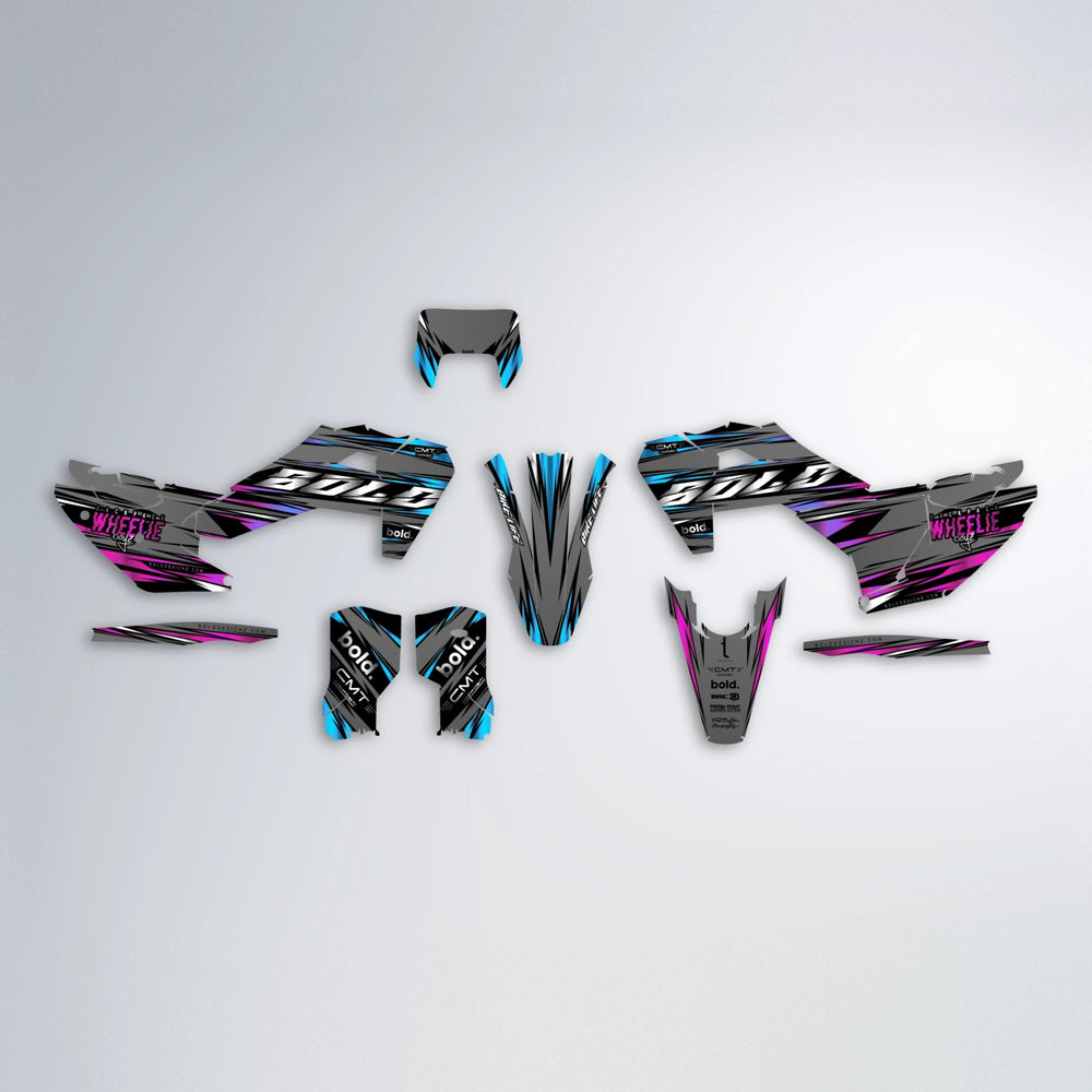 KLING Husqvarna FE/TE graphics kit parts layout in Pink & Light Blue