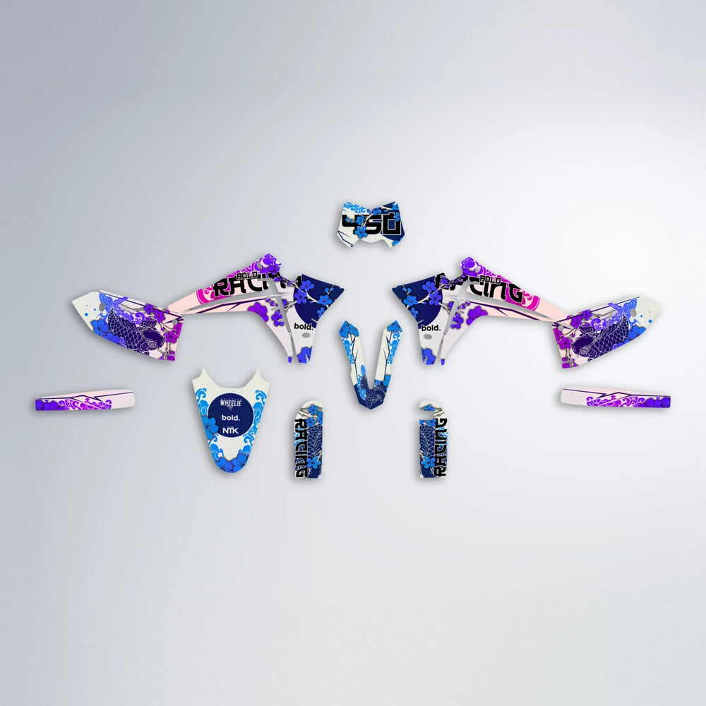 KOI Fantic graphics kit parts layout in Blue Purple Fade