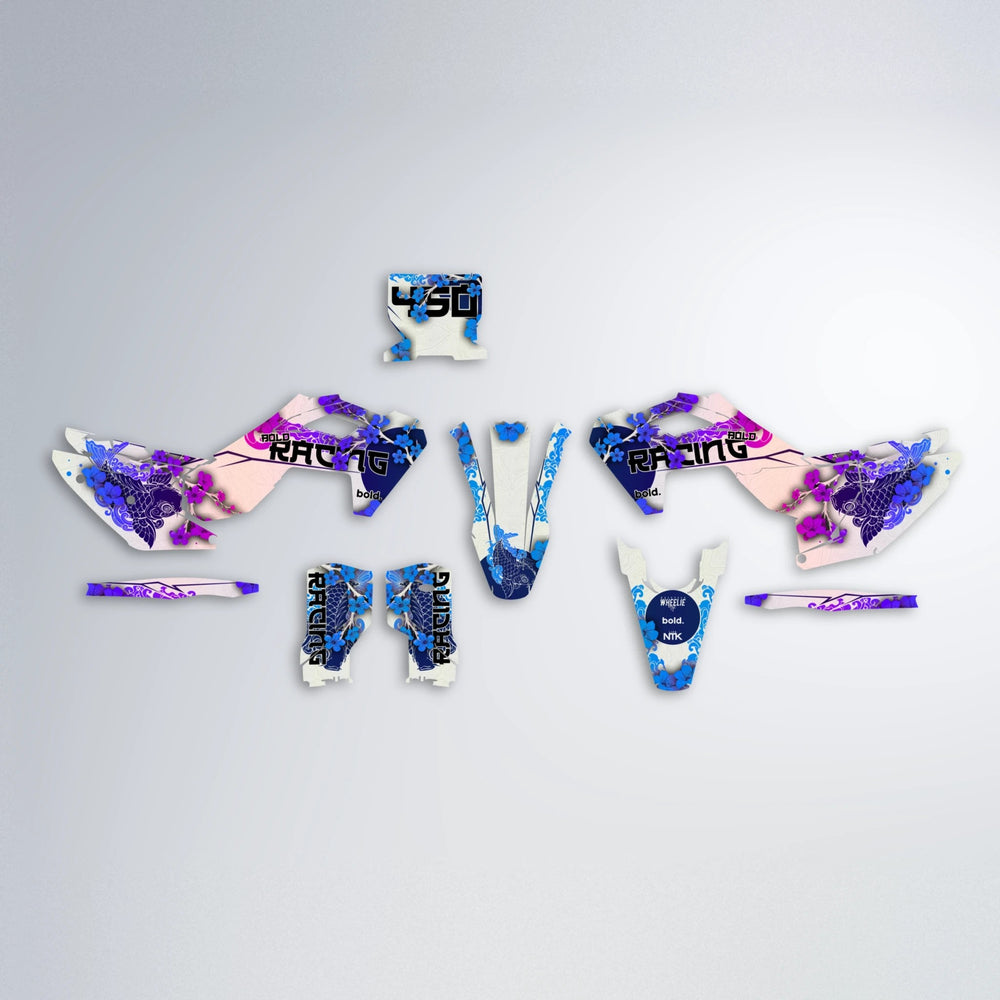 KOI Husqvarna FE/TE graphics kit parts layout in Blue Purple Fade