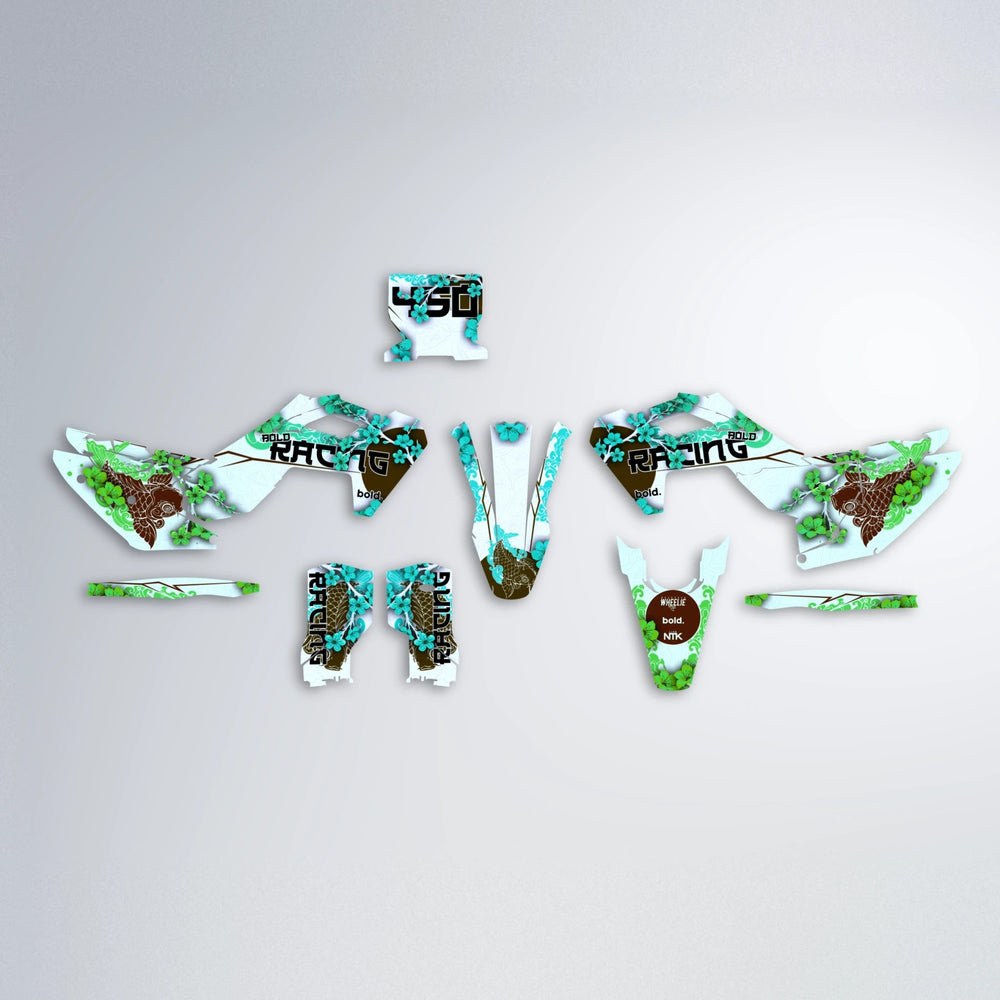 KOI Husqvarna FE/TE graphics kit parts layout in Cyan & Green