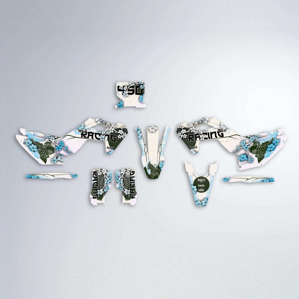KOI Husqvarna FE/TE graphics kit parts layout in Light Blue & White