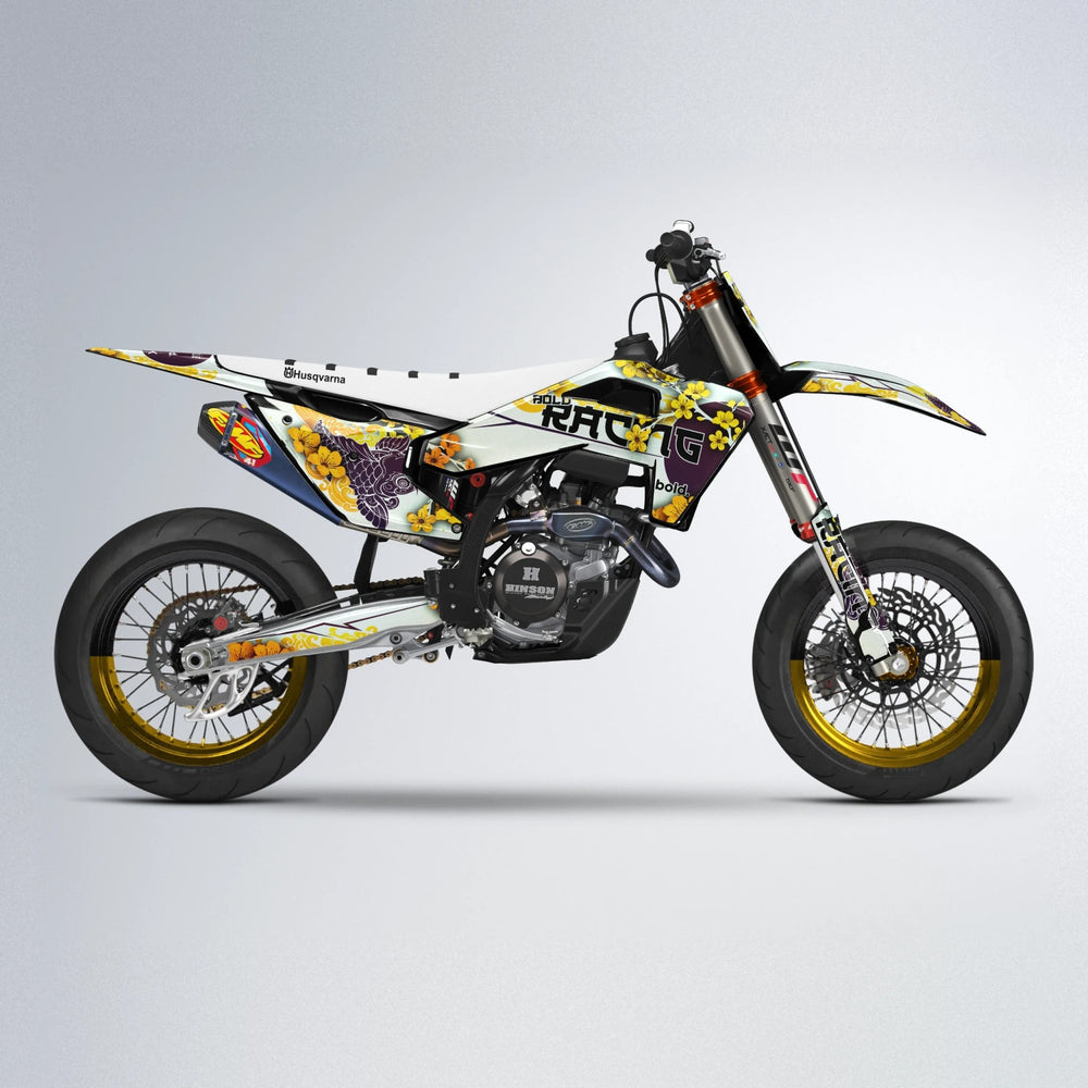 KOI Husqvarna FE/TE supermoto graphics kit in Orange & Yellow