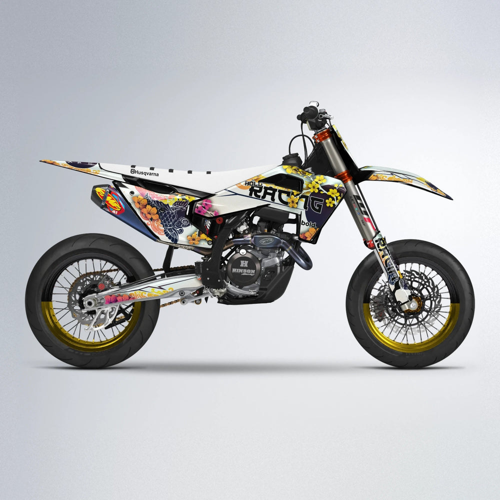 KOI Husqvarna FE/TE supermoto graphics kit in Pink & Yellow