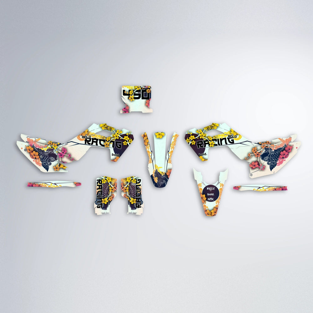 KOI Husqvarna FE/TE graphics kit parts layout in Pink & Yellow
