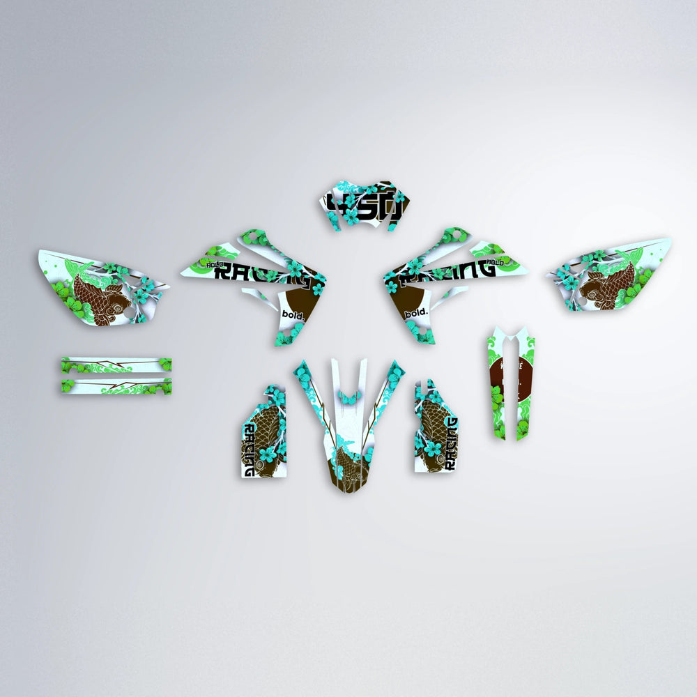 KOI Rieju MRT graphics kit parts layout in Cyan & Green