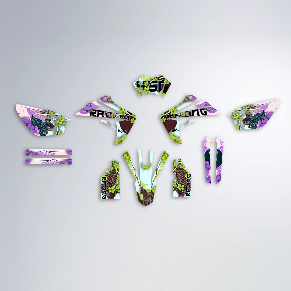 KOI Rieju MRT graphics kit parts layout in Purple & Yellow