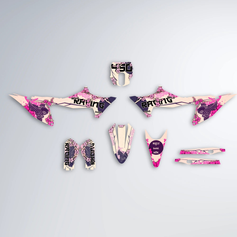 KOI Stark Varg MX graphics kit parts layout in Flamingo