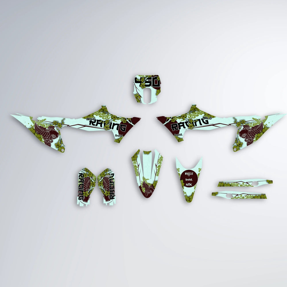 KOI Stark Varg MX graphics kit parts layout in Olive
