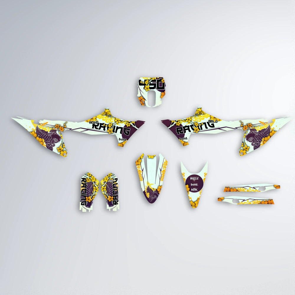KOI Stark Varg MX graphics kit parts layout in Orange & Yellow