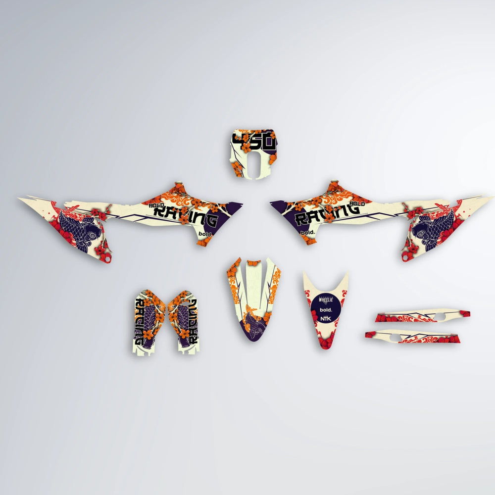 KOI Stark Varg MX graphics kit parts layout in Red & Orange
