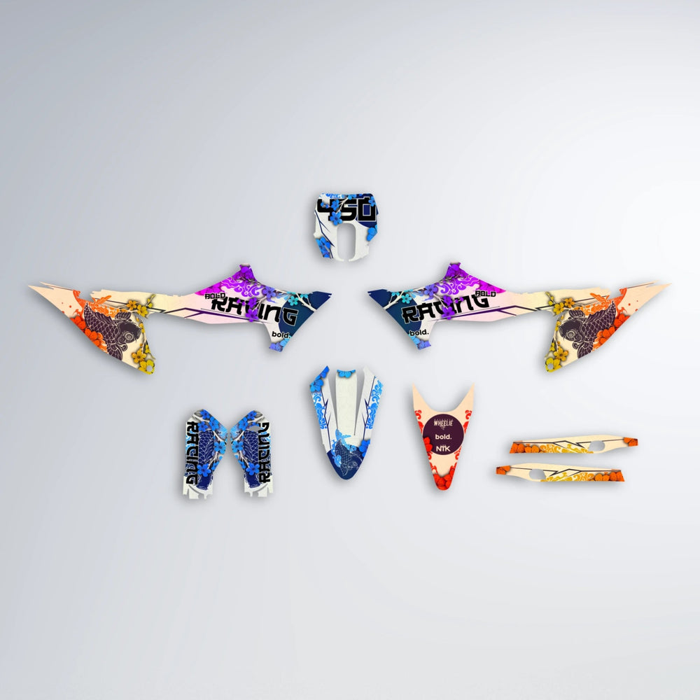 KOI Stark Varg MX graphics kit parts layout in Sunset Fade