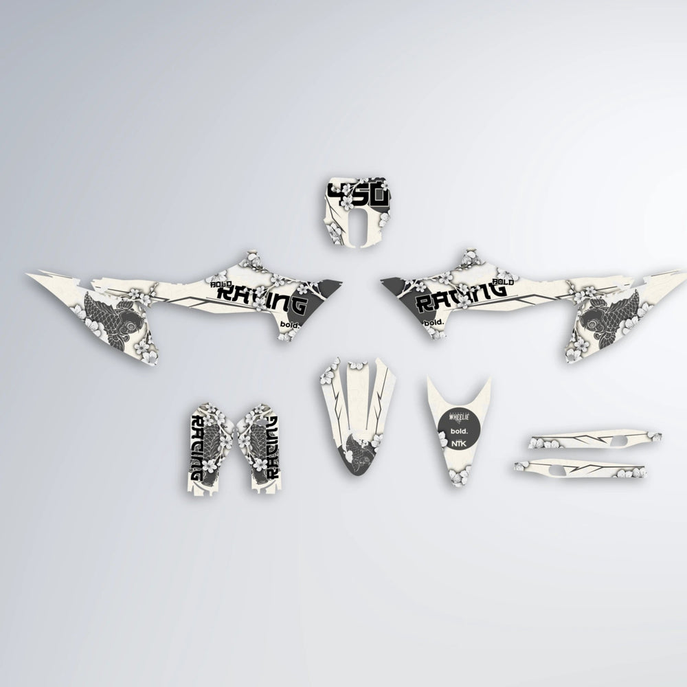 KOI Stark Varg MX graphics kit parts layout in White