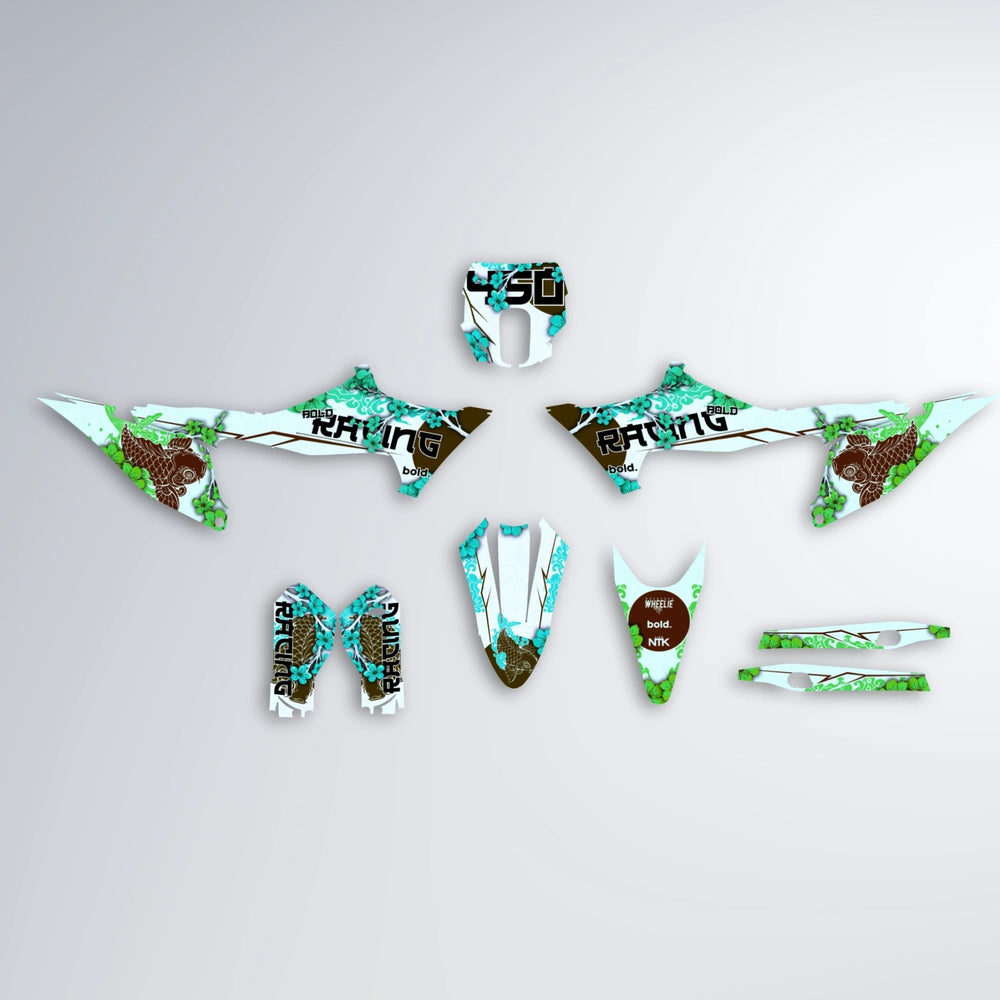 KOI Stark Varg SM graphics kit parts layout in Cyan & Green