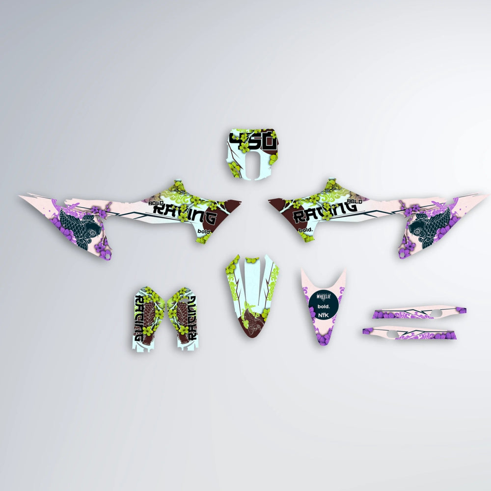KOI Stark Varg SM graphics kit parts layout in Purple & Yellow