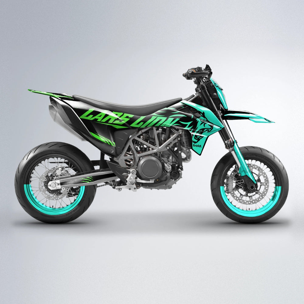 LARSLION KTM SMC 690 supermoto graphics kit in Cyan & Green