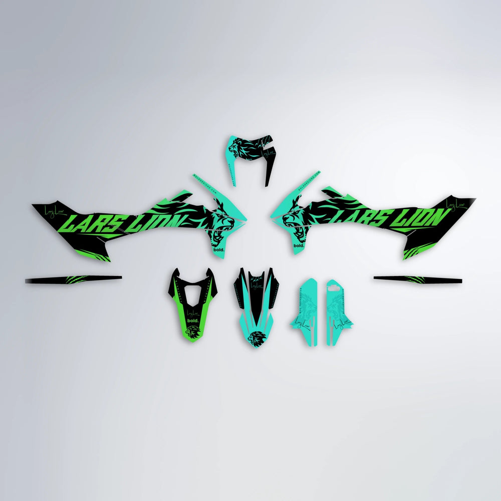 LARSLION KTM SMC 690 graphics kit parts layout in Cyan & Green