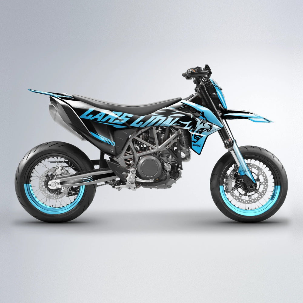 LARSLION KTM SMC 690 supermoto graphics kit in Light Blue & White